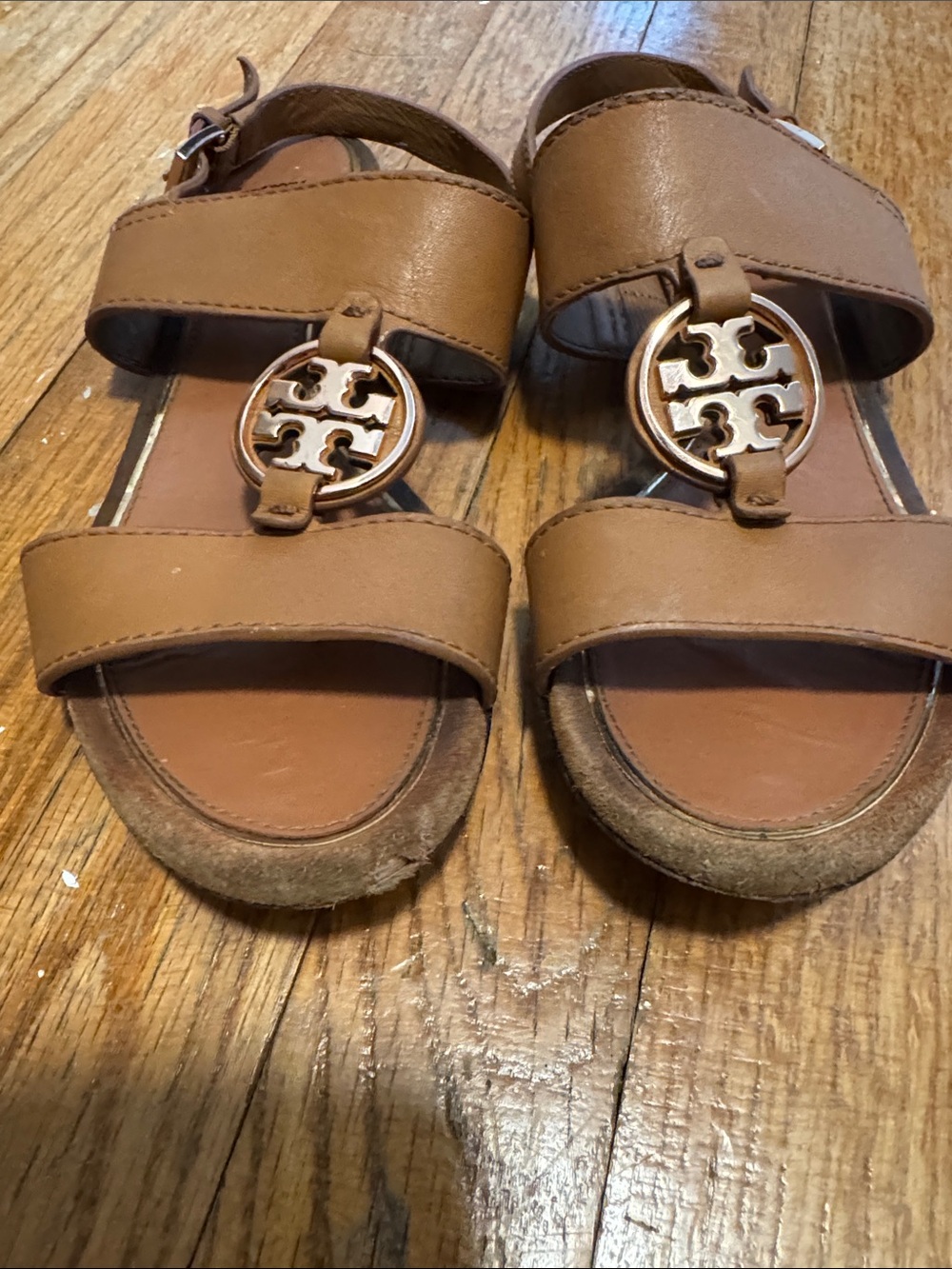 Tory Burch Tan Leather Double-Strap Sandals with Logo Medallions